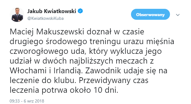 KONTUZJA na treningu kadry! 10 dni przerwy...